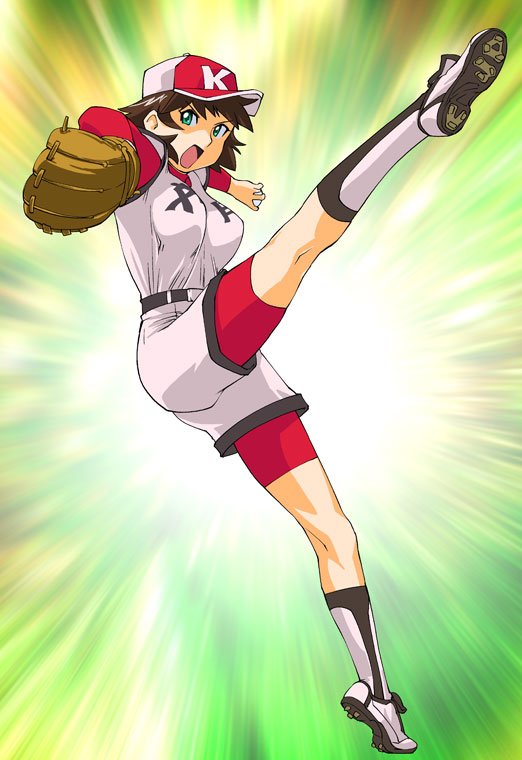 1girl baseball_cap baseball_mitt baseball_uniform breasts brown_hair character_request commentary_request hat looking_at_viewer open_mouth short_hair shorts solo sportswear ueyama_michirou