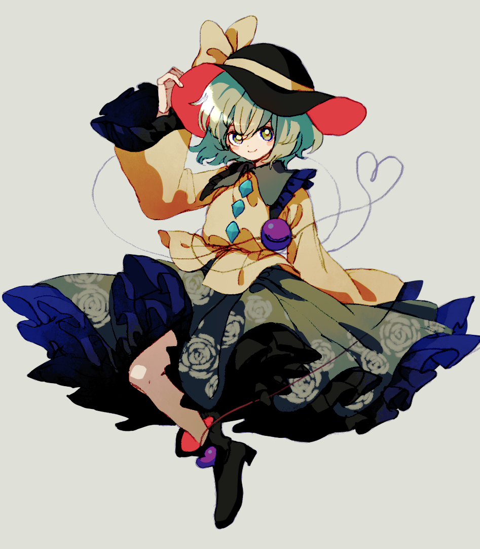 1girl black_footwear black_headwear blouse blush bow character_name closed_mouth floral_print green_skirt grey_background hand_up hat hat_bow ka_(marukogedago) komeiji_koishi long_sleeves looking_at_viewer shoes simple_background skirt smile solo touhou yellow_blouse yellow_bow