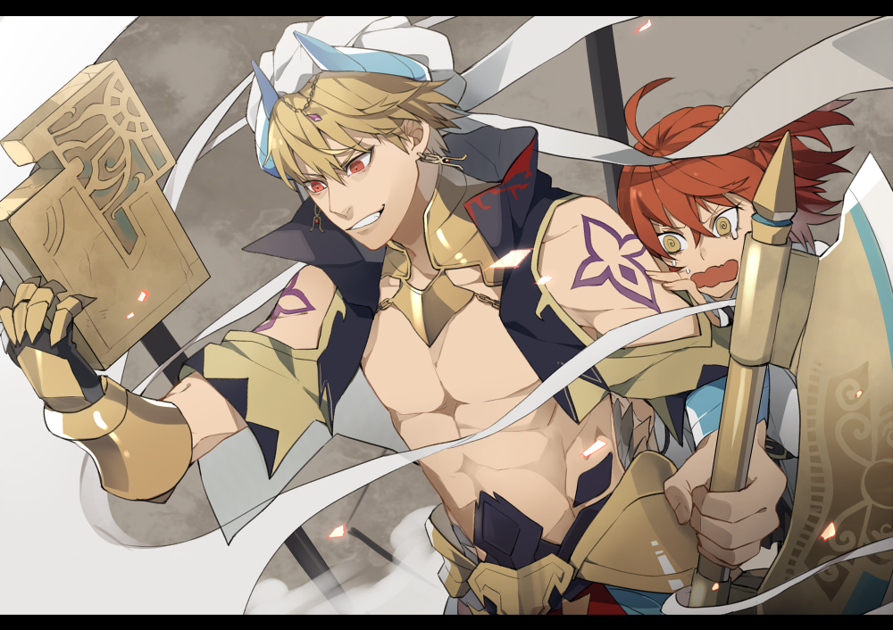 1boy 1girl abs ahoge arabian_clothes arm_tattoo arm_up bangs blonde_hair book chest commentary cropped_vest earrings fate/grand_order fate_(series) faulds fujimaru_ritsuka_(female) gauntlets gilgamesh gilgamesh_(caster)_(fate) gold_armor gorget grin hair_between_eyes hand_on_another's_arm holding holding_book holding_weapon jewelry kiragera looking_away looking_down pectorals popped_collar red_eyes redhead scared scrunchie short_hair side_ponytail single_gauntlet smile smoke spiral_eyes standing sweatdrop tattoo teardrop toned toned_male tsurime turban upper_body vest wavy_mouth weapon white_headwear yellow_eyes
