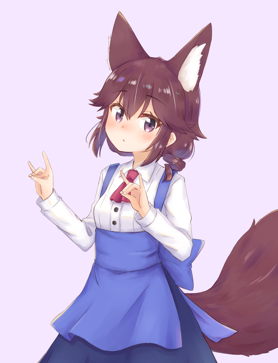 1girl :o animal_ears apron ascot bangs blue_apron blue_sky blush breasts brown_eyes brown_hair collared_shirt commentary_request double_fox_shadow_puppet dress_shirt eyebrows_visible_through_hair fox_ears fox_girl fox_shadow_puppet fox_tail hair_between_eyes highres kemonomimi_mode kuramoto_takato long_sleeves looking_at_viewer machikado_mazoku parted_lips pink_background red_neckwear shirt simple_background sky small_breasts solo tail white_shirt yoshida_ryouko