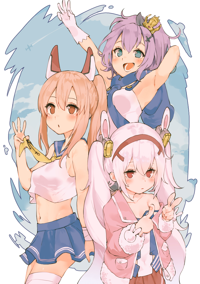 3girls animal_ears ayanami_(azur_lane) azur_lane bandaid bandaid_on_arm blue_hoodie blue_sailor_collar blue_skirt breasts brown_eyes crop_top crown gloves green_eyes hair_ornament hairclip headgear javelin_(azur_lane) laffey_(azur_lane) light_brown_hair long_hair mashiro_kta mini_crown multiple_girls navel pink_hair ponytail purple_hair rabbit_ears red_eyes red_skirt sailor_collar skirt small_breasts twintails white_gloves yellow_neckwear