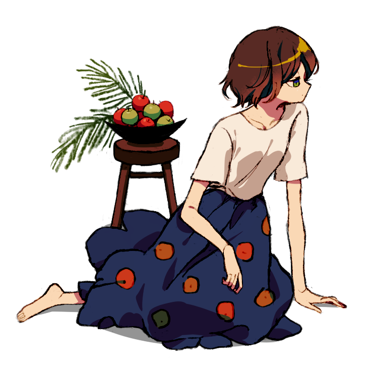 1girl apple blue_skirt brown_hair closed_mouth food fruit green_eyes ka_(marukogedago) long_skirt original shiny shiny_hair shirt short_hair short_sleeves simple_background sitting skirt solo stool white_background white_shirt