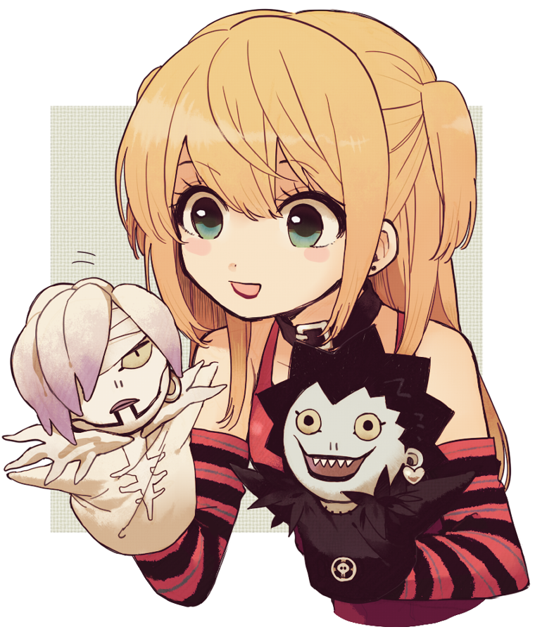 1girl 2others :d amane_misa belt_collar blonde_hair blush_stickers collar death_note demon detached_sleeves earrings green_eyes hand_puppet heart heart_earrings jewelry ka_(marukogedago) multiple_others open_mouth puppet rem_(death_note) ryuk shinigami smile two_side_up