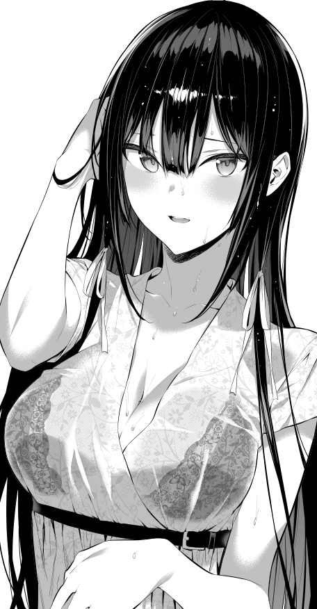 1girl bangs belt blush bra breasts floral_print greyscale haitekudasai_takamine-san hand_in_hair hiiragi_yuuichi lace lace_bra large_breasts long_hair looking_at_viewer monochrome see-through shirt sidelocks simple_background solo takamine_takane underwear wet wet_clothes wet_shirt white_background