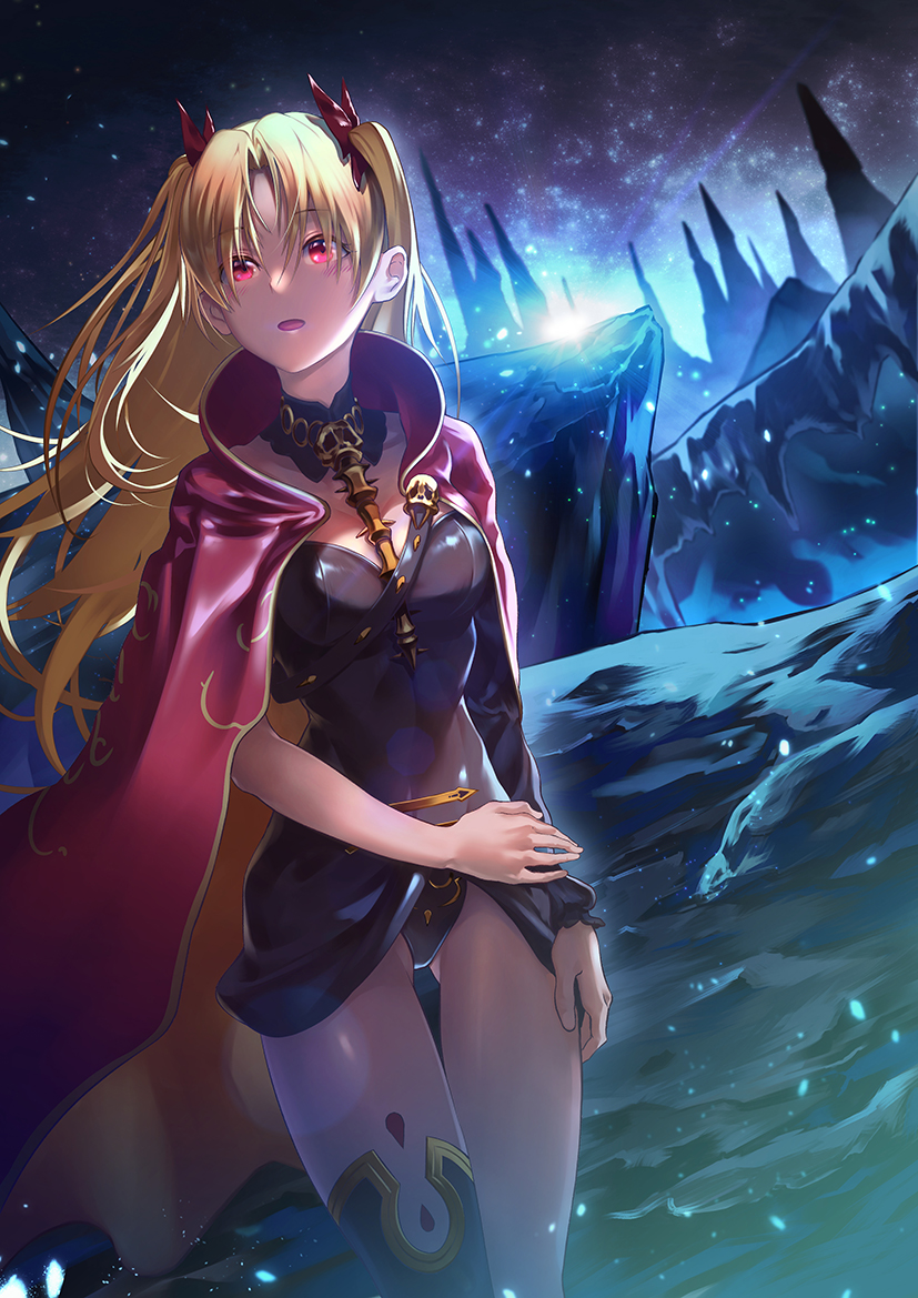 1girl black_dress black_legwear blonde_hair cape commentary_request dress ereshkigal_(fate/grand_order) fate/grand_order fate_(series) hair_between_eyes hair_ribbon kainownill long_hair multicolored multicolored_cape multicolored_clothes open_mouth red_cape red_eyes red_ribbon ribbon short_dress single_sleeve single_thighhigh skull solo spine thigh-highs two_side_up underground very_long_hair yellow_cape