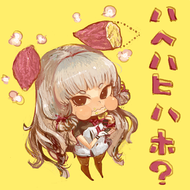 1girl alternate_headgear chibi eating floating_headgear food food_on_face fujinozu kantai_collection long_hair murakumo_(kantai_collection) puffy_cheeks remodel_(kantai_collection) short_eyebrows silver_hair solo sweet_potato thick_eyebrows very_long_hair wavy_mouth