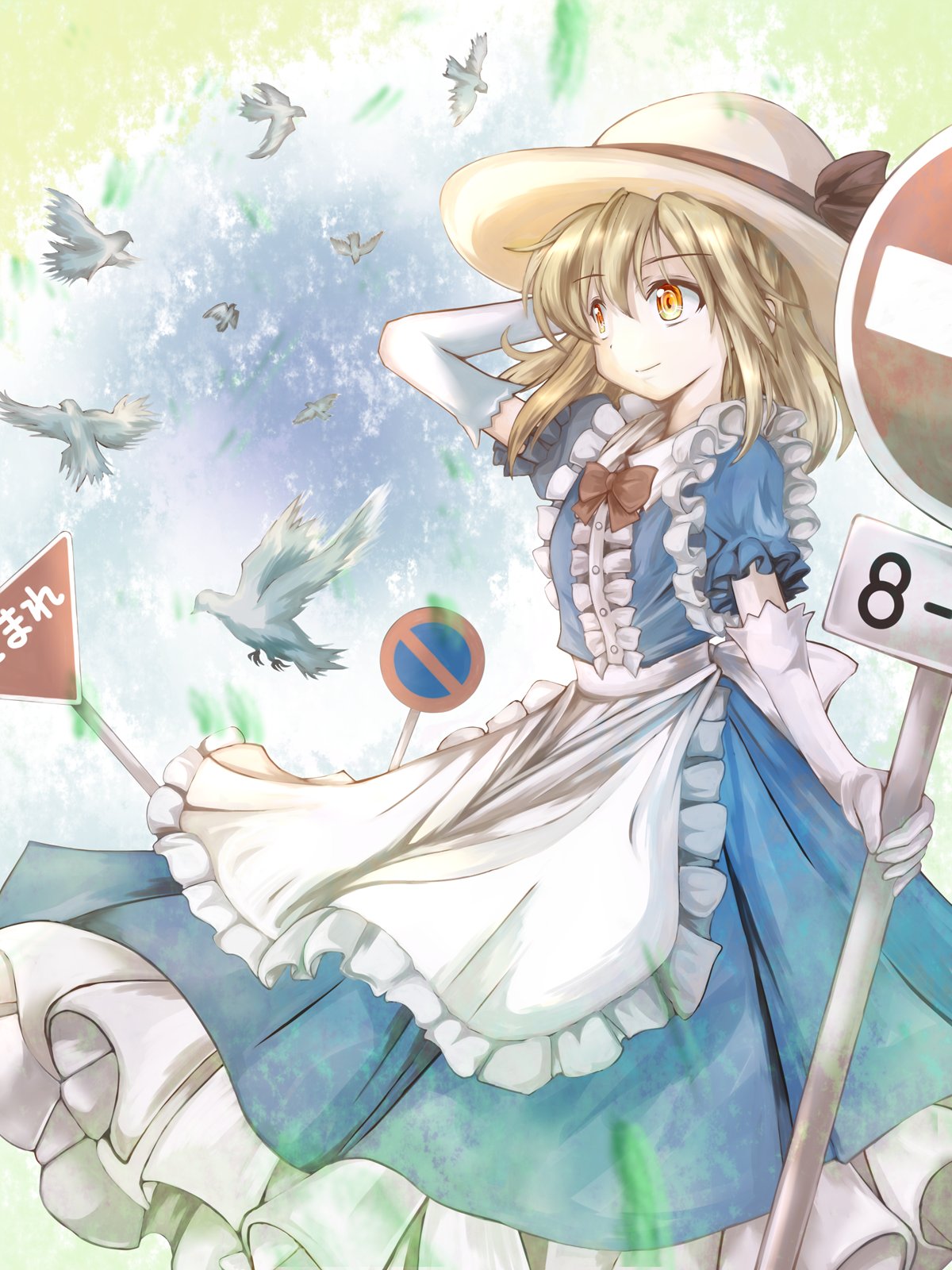 apron bird blonde_hair blue_dress bow cowboy_shot dress eyebrows_visible_through_hair frilled_apron frilled_dress frills hat hat_bow highres kana_anaberal long_sleeves looking_at_viewer phantasmagoria_of_dim.dream puffy_short_sleeves puffy_sleeves red_bow road_sign sanari_(quarter_iceshop) short_hair short_sleeves sign sky smile touhou touhou_(pc-98) yellow_eyes