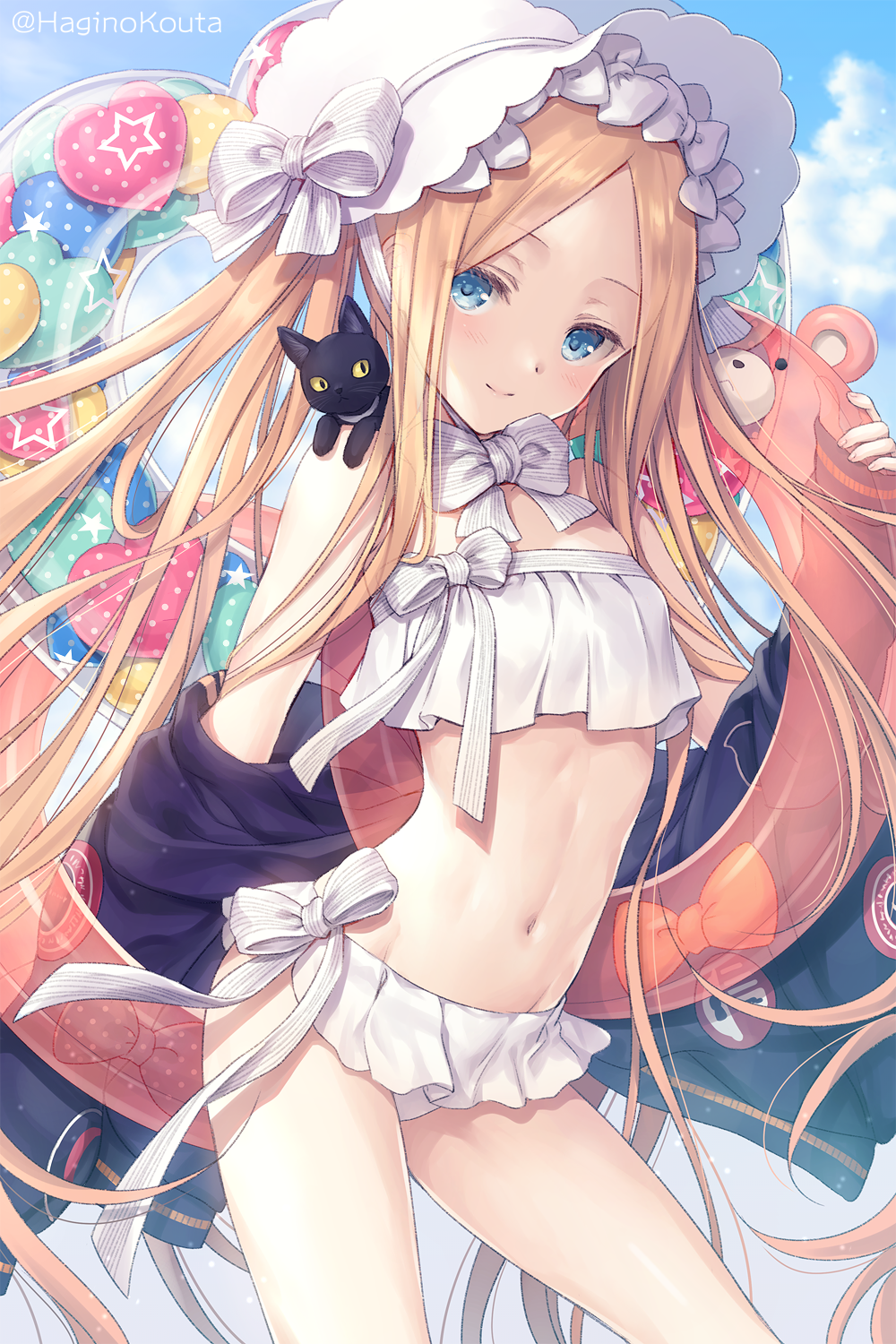 1girl abigail_williams_(fate/grand_order) abigail_williams_(swimsuit_foreigner)_(fate) bangs bare_shoulders bikini black_cat black_jacket blonde_hair blue_eyes blue_sky blush bonnet bow breasts cat fate/grand_order fate_(series) forehead hagino_kouta hair_bow highres innertube jacket long_hair looking_at_viewer miniskirt navel off_shoulder open_clothes open_jacket parted_bangs sidelocks skirt sky small_breasts smile swimsuit thighs twintails very_long_hair white_bikini white_bow white_headwear