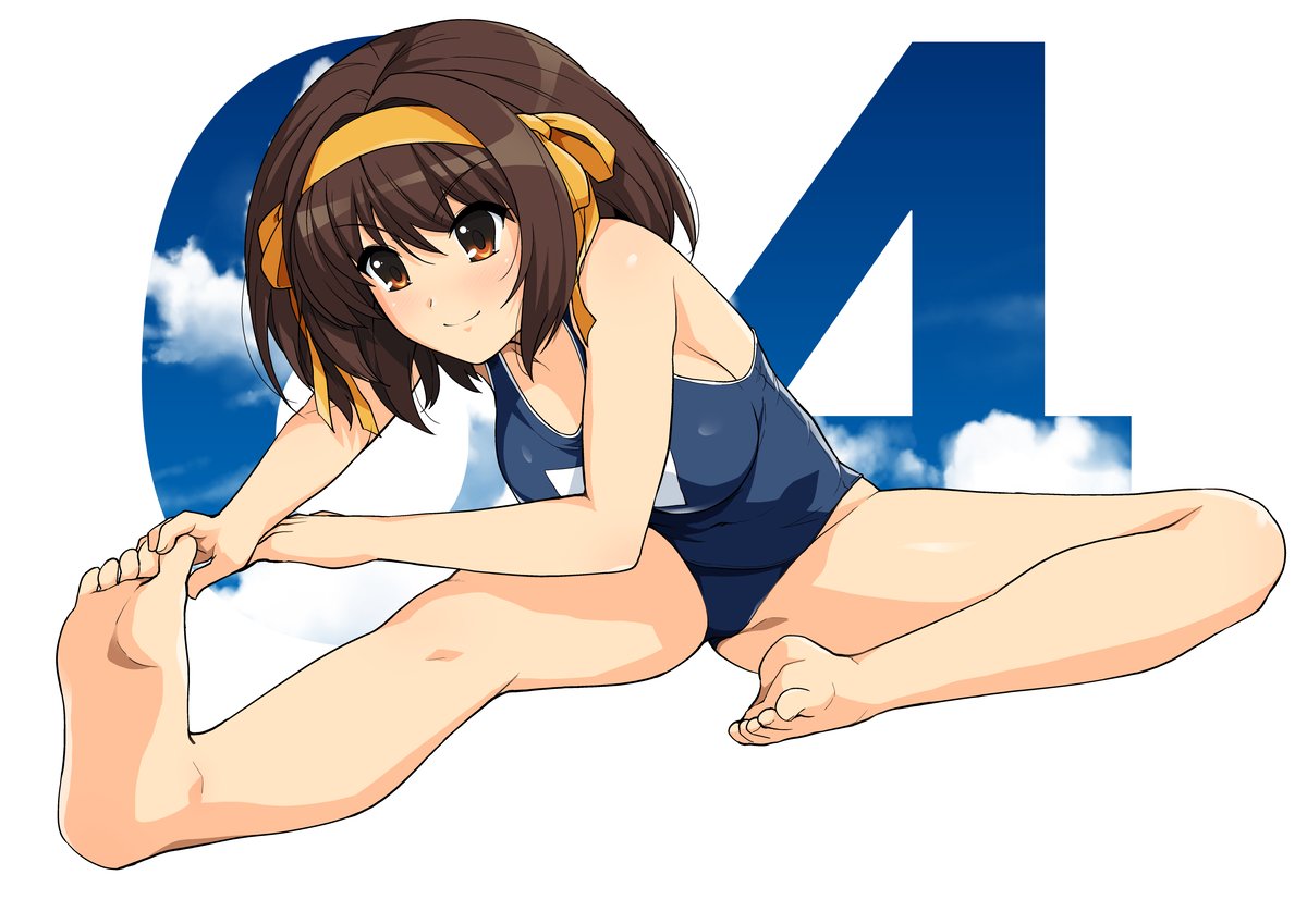 1girl bangs bare_shoulders blue_swimsuit breasts brown_eyes brown_hair commentary_request eyebrows_visible_through_hair hairband haruhisky medium_breasts one-piece_swimsuit school_swimsuit short_hair simple_background solo suzumiya_haruhi suzumiya_haruhi_no_yuuutsu swimsuit
