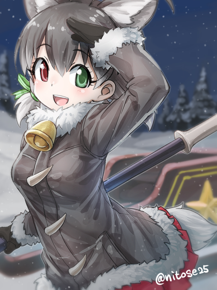 1girl animal_ears antlers bell bell_collar black_gloves blush clasp coat collar commentary_request cowboy_shot deer_ears deer_tail extra_ears eyebrows_visible_through_hair fur_collar fur_trim gloves green_eyes grey_hair hair_tie heterochromia kemono_friends long_sleeves nyifu pleated_skirt red_eyes red_skirt reindeer_(kemono_friends) reindeer_antlers reindeer_girl short_hair short_twintails skirt sleigh solo tail twintails weapon white_fur winter_clothes