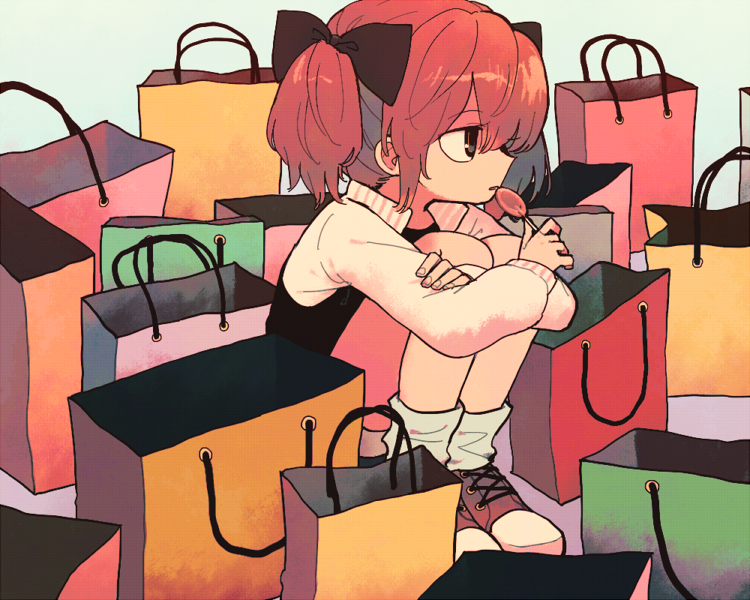 1girl bag black_bow black_eyes black_shirt bow candy cross-laced_footwear food from_side hair_bow holding ka_(marukogedago) leg_hug lollipop long_sleeves original paper_bag parted_lips profile red_footwear redhead shirt shoes sitting socks solo twintails white_legwear