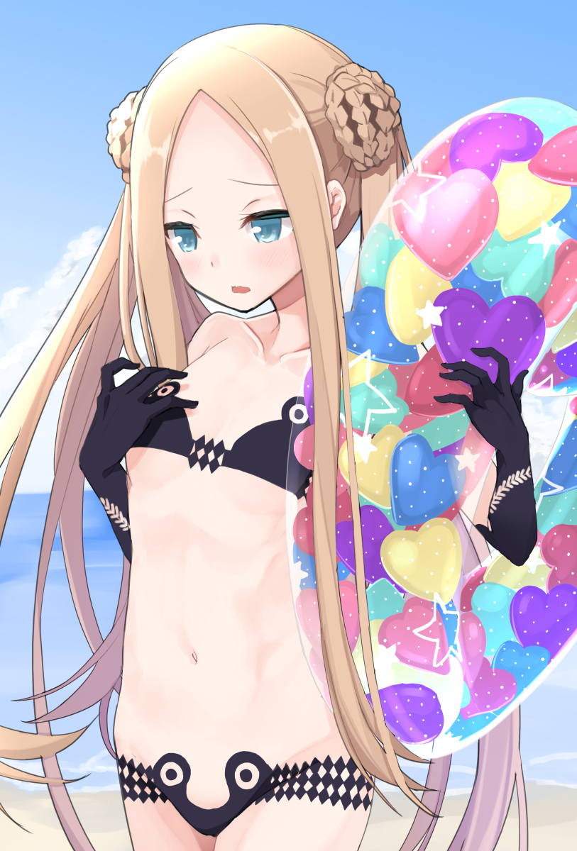 1girl abigail_williams_(fate/grand_order) abigail_williams_(swimsuit_foreigner)_(fate) artist_request bangs bare_shoulders beach bikini black_bikini blonde_hair blue_eyes blue_sky blush braid braided_bun breasts collarbone double_bun fate/grand_order fate_(series) forehead hand_on_own_chest highres innertube long_hair navel ocean open_mouth parted_bangs shore sidelocks sky small_breasts swimsuit twintails very_long_hair