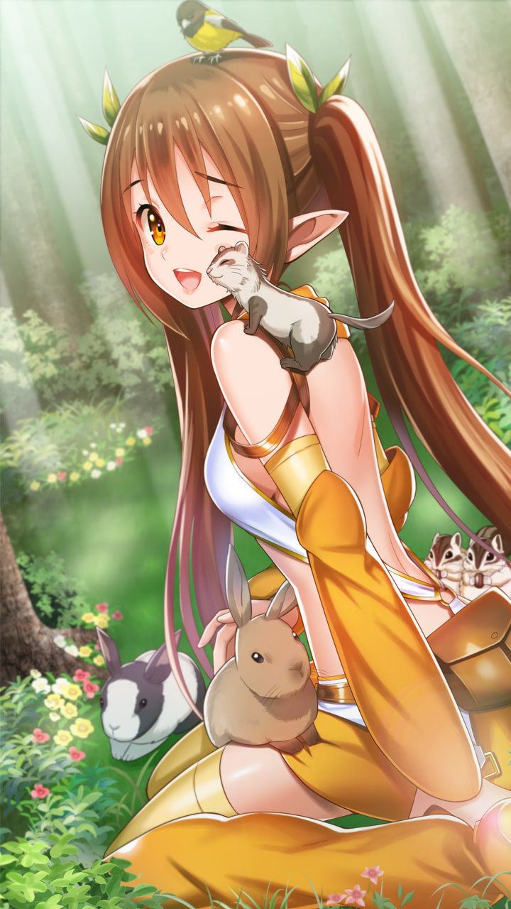 1girl animal_on_head animal_on_lap animal_on_shoulder back bare_shoulders bird breasts brown_eyes brown_hair choker day detached_sleeves elf flower forest full_body hair_ribbon hamster highres long_hair looking_at_viewer nature nowa official_art on_head one_eye_closed open_mouth pink_flower pointy_ears pouch queen's_blade queen's_blade_unlimited queen's_blade_white_triangle rabbit revealing_clothes ribbon sitting skirt small_breasts solo thigh-highs tree twintails very_long_hair wariza weapon yellow_legwear yellow_skirt