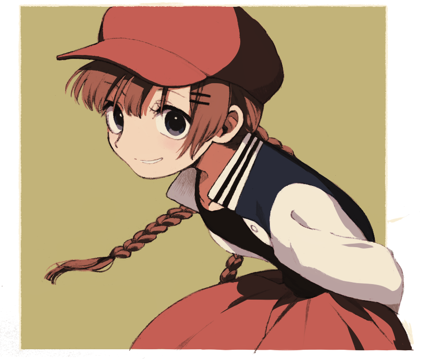 1girl black_eyes border braid brown_hair cabbie_hat green_background hair_ornament hairclip hat ka_(marukogedago) leaning_forward long_hair looking_at_viewer original red_headwear red_skirt simple_background skirt smile solo twin_braids upper_body white_border