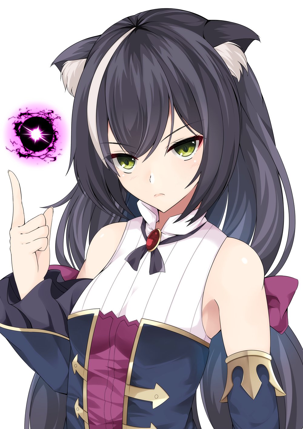 1girl animal_ear_fluff animal_ears bangs black_hair cat_ears detached_sleeves dress energy energy_ball eyebrows_visible_through_hair green_eyes highres index_finger_raised karyl_(princess_connect!) long_hair looking_at_viewer multicolored_hair princess_connect! princess_connect!_re:dive simple_background sleeveless sleeveless_dress solo streaked_hair ton_ton_tontoro upper_body white_background white_hair