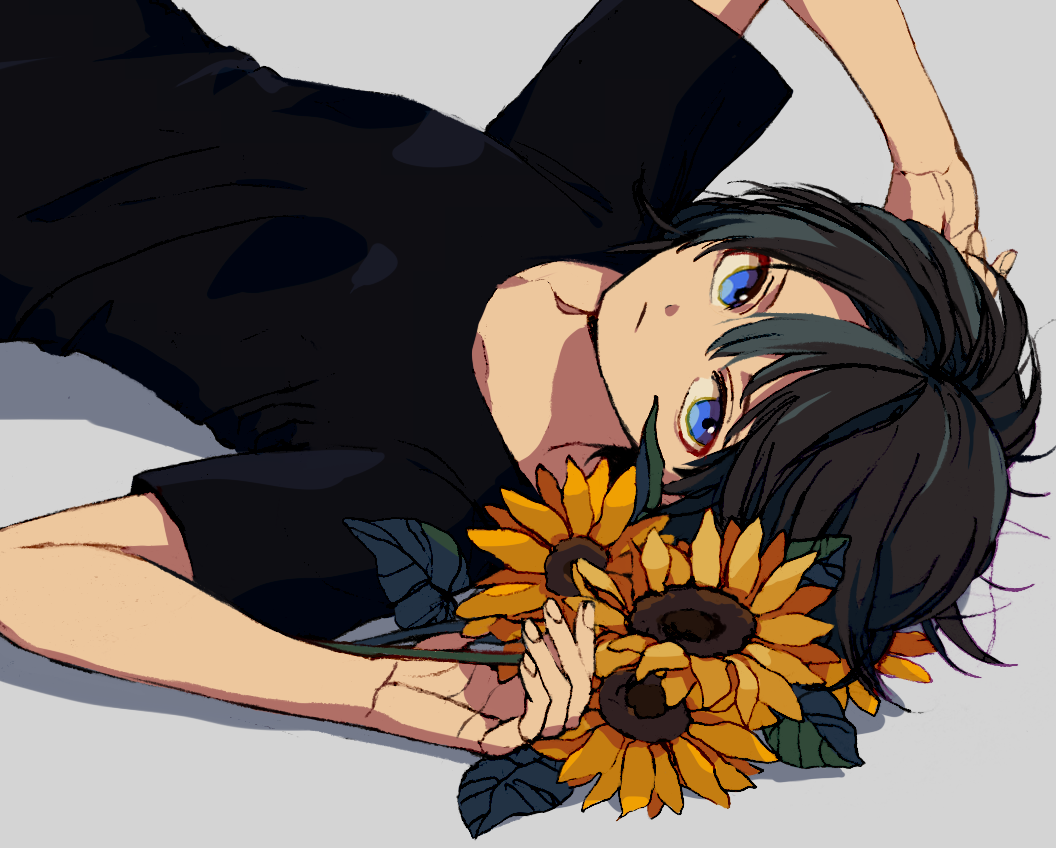 1other androgynous black_shirt blue_eyes closed_mouth flower grey_background grey_hair holding holding_flower ka_(marukogedago) looking_at_viewer lying on_back original shirt short_hair solo sunflower