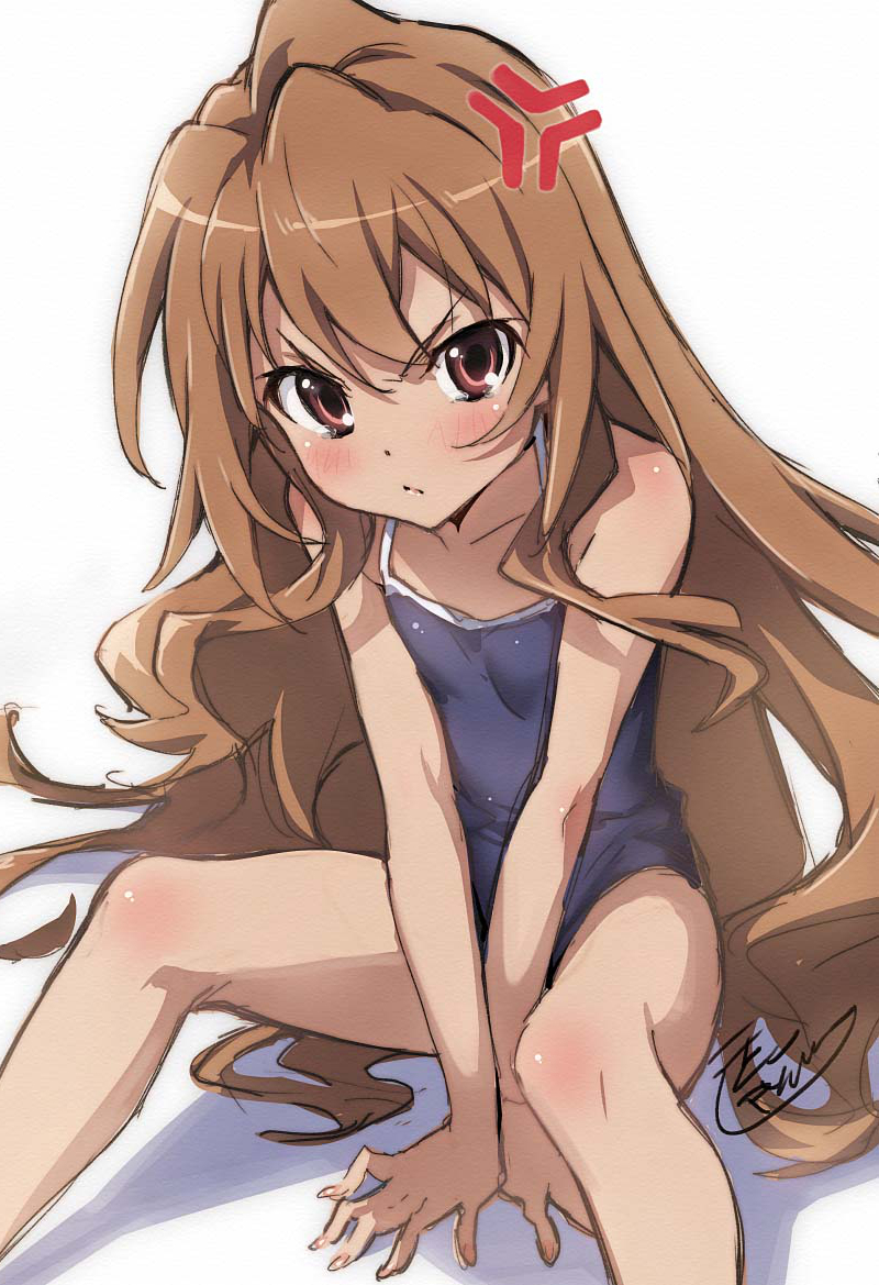 1girl aisaka_taiga anger_vein blue_swimsuit brown_eyes brown_hair commentary_request competition_school_swimsuit feet_out_of_frame flat_chest isshi_pyuma looking_at_viewer school_swimsuit signature simple_background sitting solo swimsuit toradora! v_arms white_background