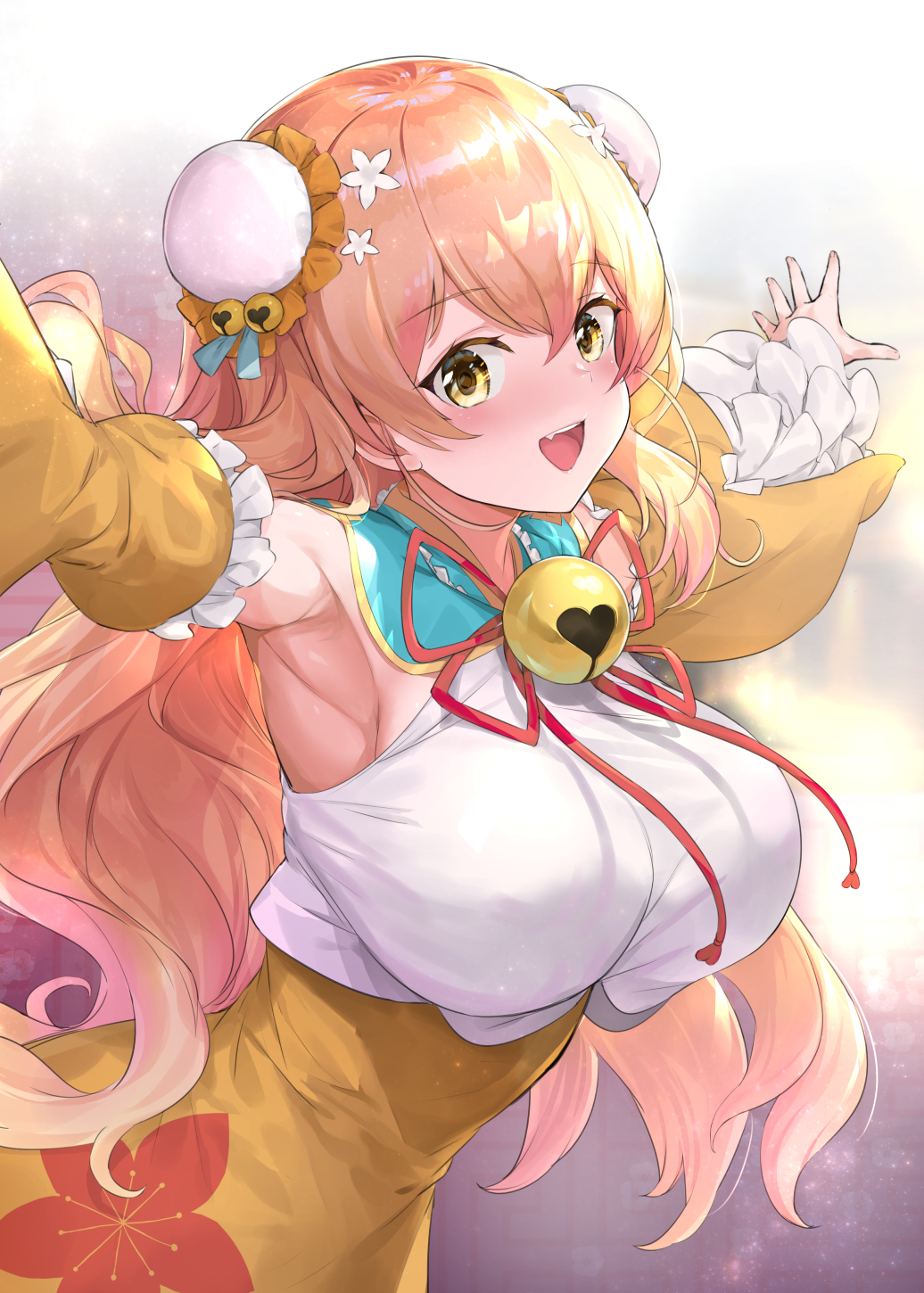 1girl armpits bangs blonde_hair blush breasts bun_cover chinese_clothes crystal_shoujo detached_sleeves double_bun fang flower hair_between_eyes hair_flower hair_ornament highres hololive large_breasts long_hair looking_at_viewer momosuzu_nene neck_bell open_mouth outstretched_arms red_ribbon ribbon smile solo spread_arms upper_body virtual_youtuber white_flower yellow_eyes yellow_sleeves