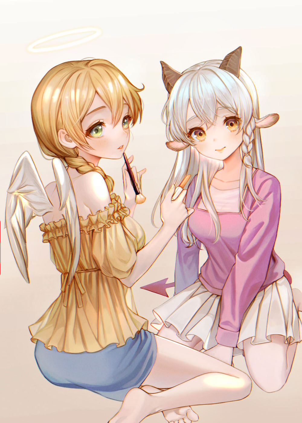 2girls angel_wings animal_ears arm_support ass bangs bare_shoulders barefoot blue_skirt braid breasts brown_eyes collarbone commentary_request copyright_request demon_girl demon_tail goat_girl green_eyes grey_hair hair_between_eyes hair_over_shoulder highres holding holding_brush holding_lipstick_tube horns lipstick lipstick_tube long_hair long_sleeves looking_at_viewer looking_to_the_side makeup maplefoxy medium_breasts miniskirt multiple_girls orange_lipstick parted_lips pleated_skirt short_sleeves sitting skirt smile soles striped tail teeth wariza white_skirt wings