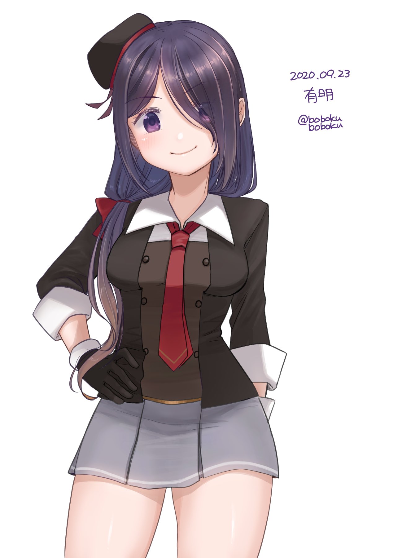 1girl ariake_(kantai_collection) bangs beret black_gloves black_hair black_headwear black_jacket blazer bobokuboboku character_name collared_shirt commentary_request contrapposto cowboy_shot dated gloves gradient_hair grey_skirt hair_over_one_eye hat highres jacket kantai_collection long_hair long_sleeves looking_at_viewer low_ponytail multicolored_hair necktie pleated_skirt red_neckwear shirt simple_background skirt smile solo twitter_username violet_eyes white_background white_shirt