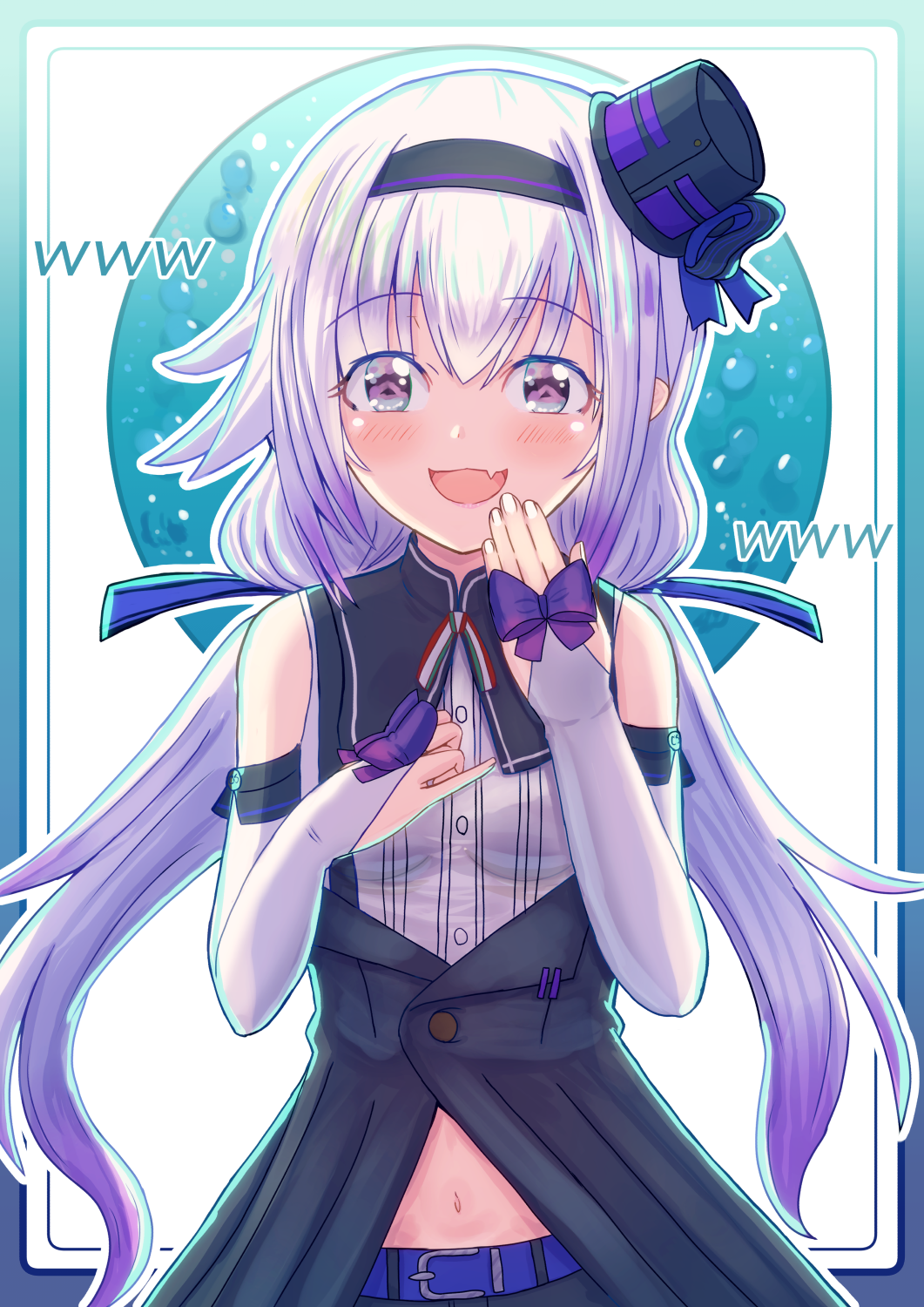 .live 1girl belt breasts carro_pino detached_sleeves fang hair_between_eyes hat headband highres konsome laughing long_hair looking_at_viewer low_twintails navel open_mouth ribbon silver_hair small_breasts solo twintails virtual_youtuber