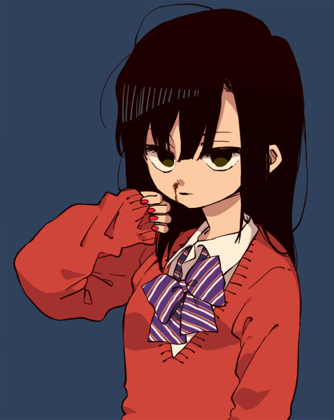 1girl black_hair blood bloody_nose blue_background bow bowtie closed_mouth collared_shirt green_eyes hand_up jitome ka_(marukogedago) long_hair long_sleeves looking_at_viewer original purple_neckwear red_sweater shirt simple_background sleeves_past_wrists solo striped striped_bow sweater upper_body white_shirt wing_collar