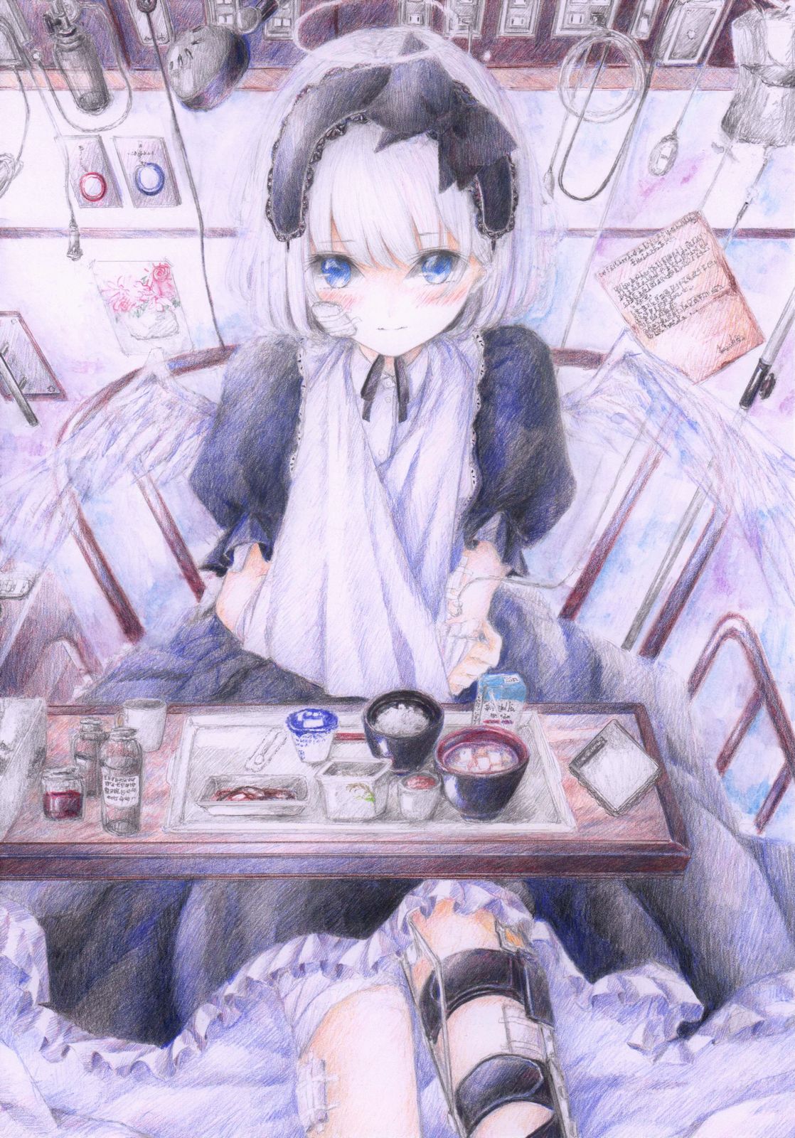 bandages bed black_dress blue_eyes blush broken_arm colored_pencil_(medium) darkkanan dress drugs food graphite_(medium) highres hospital hospital_bed intravenous_drip leg_cast legs lolita_fashion original traditional_media watercolor_(medium) white_hair wings