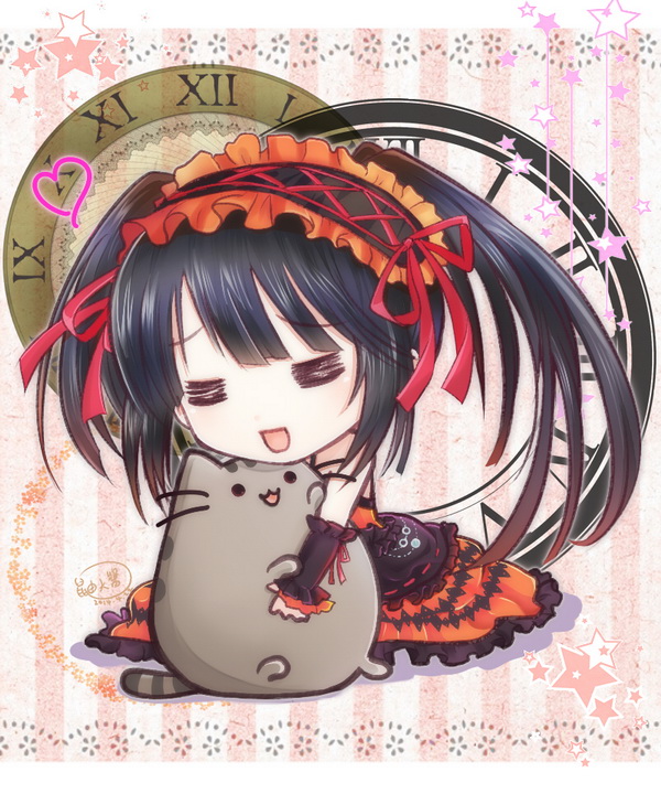 1girl black_hair cat chibi closed_eyes commentary_request crossover date_a_live dated detached_sleeves dress hairband happy heart lolita_fashion lolita_hairband long_hair open_mouth pusheen_the_cat pusheen_the_cat_(series) roman_numerals smile tokisaki_kurumi twintails uneven_twintails youda_(seravichacha)