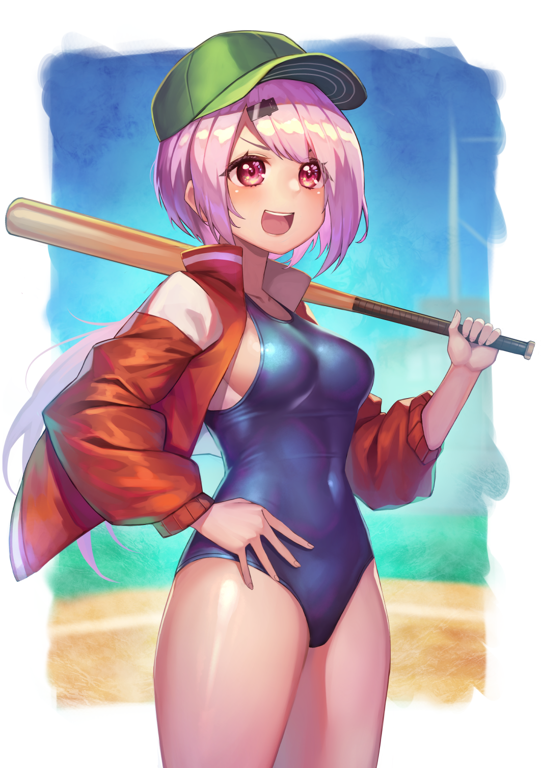 1girl :d bangs baseball_bat baseball_cap blue_swimsuit blush breasts carrying_over_shoulder covered_navel cowboy_shot day green_headwear hair_ornament hairclip hand_on_hip hat highres holding holding_baseball_bat hrtyuk jacket long_hair long_sleeves looking_afar looking_away low_ponytail medium_breasts nijisanji one-piece_swimsuit open_mouth outside_border pink_hair ponytail red_eyes red_jacket school_swimsuit shiina_yuika shiny shiny_clothes shiny_skin skin_tight smile solo swept_bangs swimsuit swimsuit_under_clothes virtual_youtuber