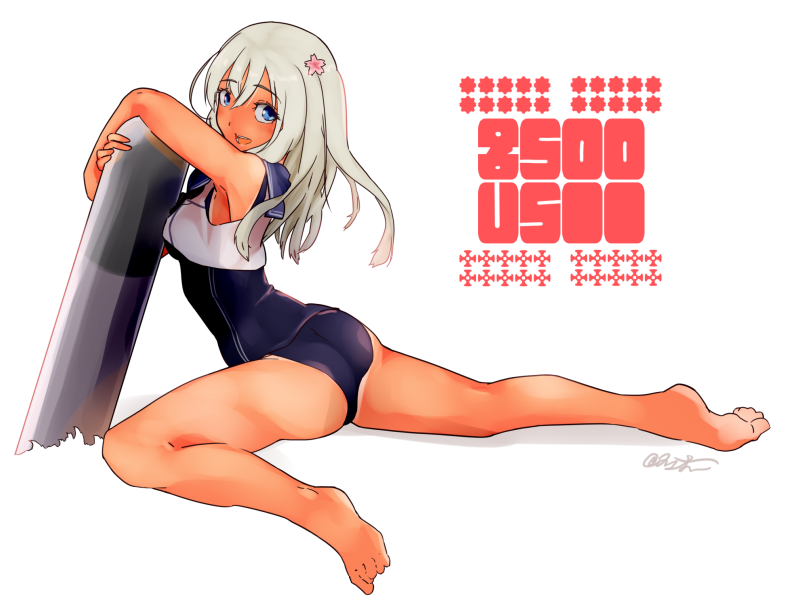 1girl ass black_sailor_collar black_swimsuit blonde_hair blue_eyes character_name commentary_request crop_top from_behind full_body hair_ornament kantai_collection long_hair looking_at_viewer one-piece_tan righgi ro-500_(kantai_collection) sailor_collar school_swimsuit solo swimsuit swimsuit_under_clothes tan tanline torpedo white_background