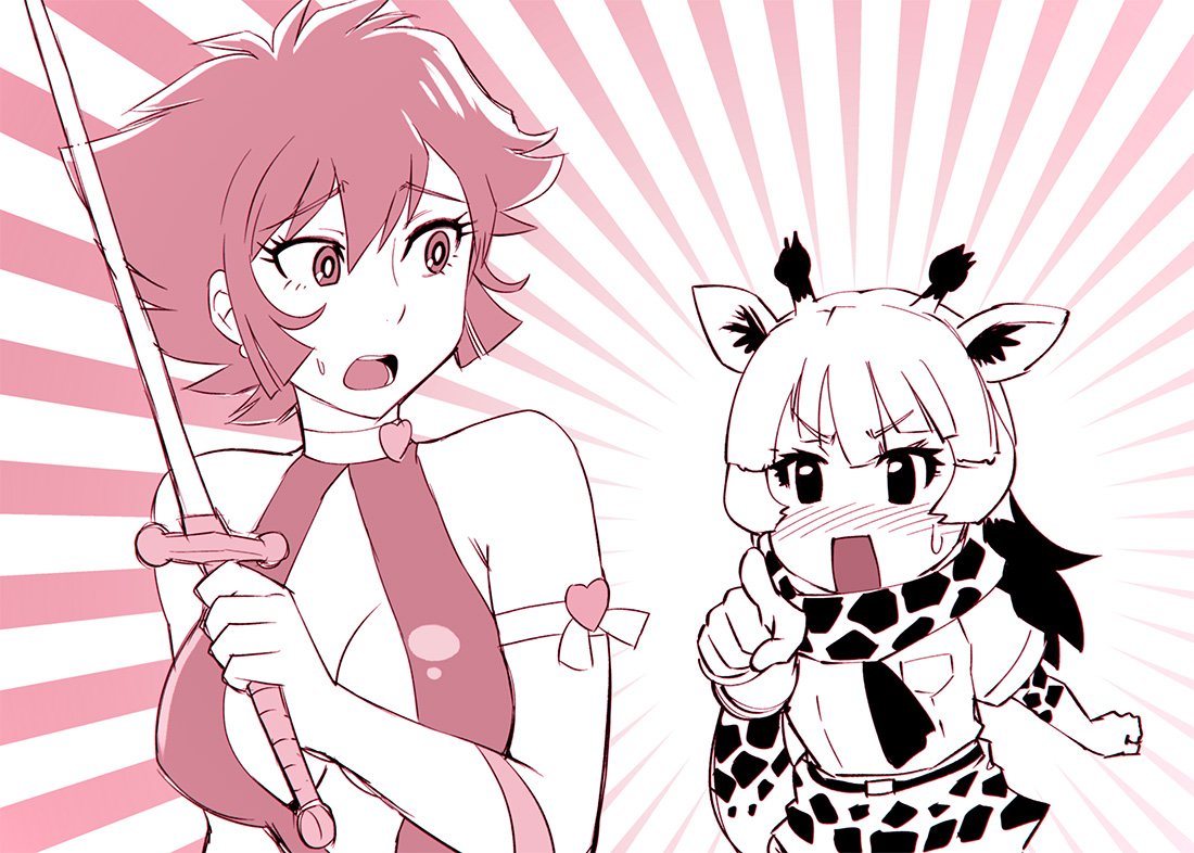 blush bow breasts choker commentary_request crossover cutie_honey cutie_honey_(character) gloves kemono_friends magical_girl monochrome multiple_girls open_mouth pointing reticulated_giraffe_(kemono_friends) short_hair sword ueyama_michirou weapon