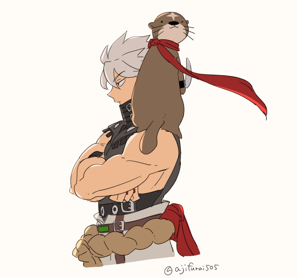 1boy animal animal_on_shoulder asaya_minoru bangs bare_arms bare_shoulders chipp_zanuff crossed_arms eyebrows_visible_through_hair from_side grey_hair grey_pants grey_shirt guilty_gear guilty_gear_xrd hair_between_eyes otter pants profile red_eyes red_scarf scarf shirt simple_background sleeveless sleeveless_shirt solo twitter_username white_background