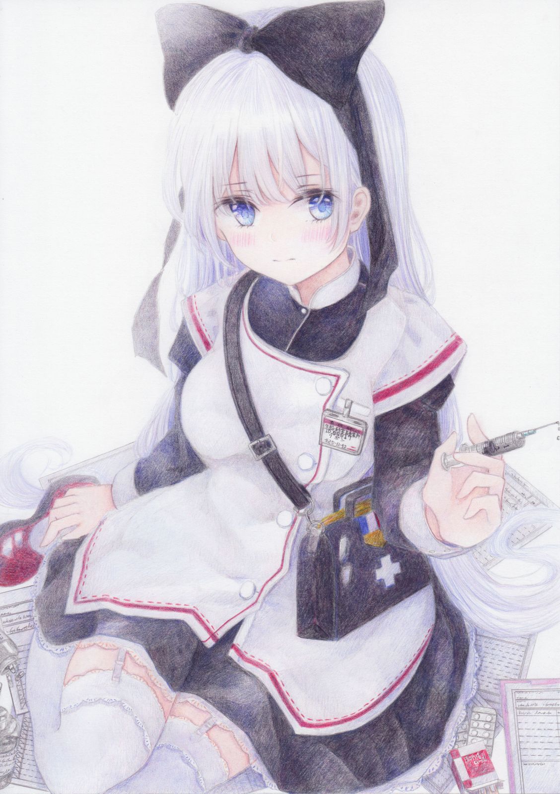 1girl bag blue_eyes blush bow colored_pencil_(medium) darkkanan drugs garter_straps garters graphite_(medium) hair_bow handbag highres kneeling lolita_fashion long_hair nurse original pill simple_background sketch solo syringe thigh-highs traditional_media white_hair white_legwear