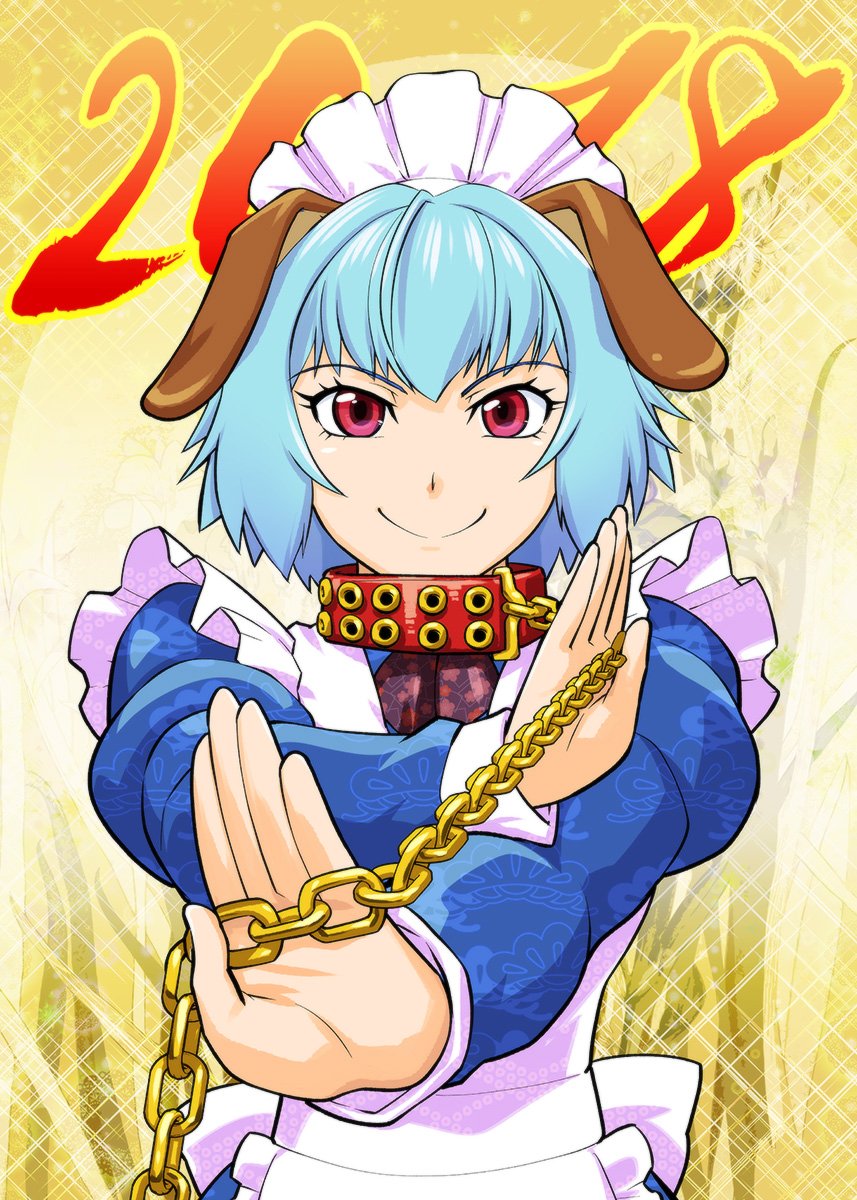 1girl 2018 animal_ears blue_hair chinese_zodiac closed_mouth collar dog_ears dorae_tachibana_doryayev highres looking_at_viewer maid short_hair smile tsumanuda_fight_town ueyama_michirou