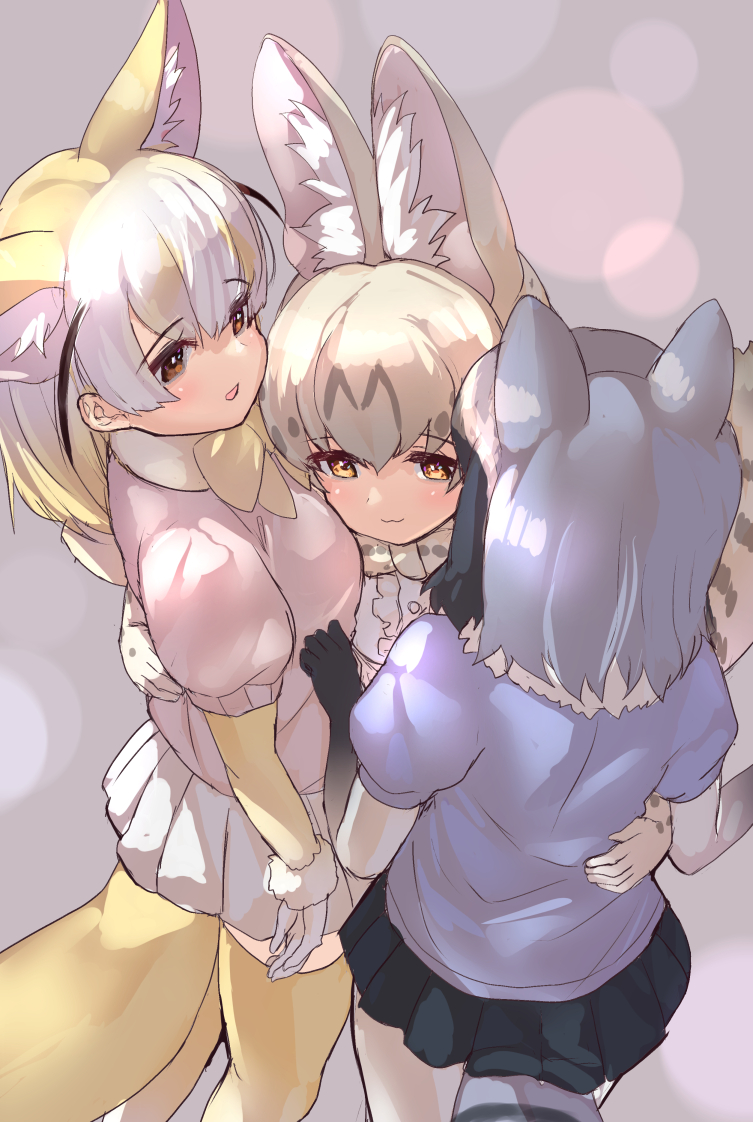 3girls :3 :d animal_ear_fluff animal_ears bangs black_hair black_skirt blonde_hair bow bowtie brown_eyes commentary_request common_raccoon_(kemono_friends) extra_ears eyebrows_visible_through_hair fennec_(kemono_friends) fox_ears fox_tail fur_collar girl_sandwich gloves grey_hair hair_between_eyes hand_on_another's_waist hug kemono_friends multicolored_hair multiple_girls open_mouth puffy_short_sleeves puffy_sleeves raccoon_ears raccoon_tail sandwiched serval_(kemono_friends) serval_ears serval_tail short_hair short_sleeves skirt smile tadano_magu tail thigh-highs two-tone_hair white_hair white_skirt yellow_eyes yellow_legwear yellow_neckwear