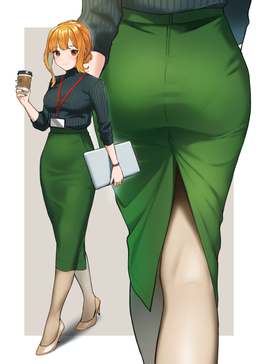 1girl ass bangs black_sweater blush breasts brown_footwear closed_mouth commentary_request cup disposable_cup doushimasho eyebrows_visible_through_hair from_behind full_body green_nails green_skirt grey_legwear high_heels highres holding holding_cup id_card large_breasts long_skirt long_sleeves looking_at_viewer multiple_views nail_polish office_lady original pantyhose pantylines pencil_skirt red_eyes short_hair_with_long_locks sidelocks skirt smile sweater walking wristband
