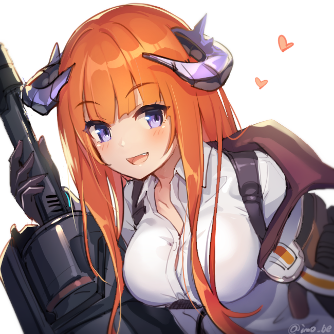 1girl :d arknights bagpipe_(arknights) bangs black_gloves breasts collared_shirt dragon_horns eyebrows_visible_through_hair gloves gunlance holding holding_lance holding_polearm holding_weapon horns imo_be jacket lance long_hair long_sleeves looking_at_viewer off_shoulder open_mouth orange_hair polearm shirt smile solo violet_eyes weapon