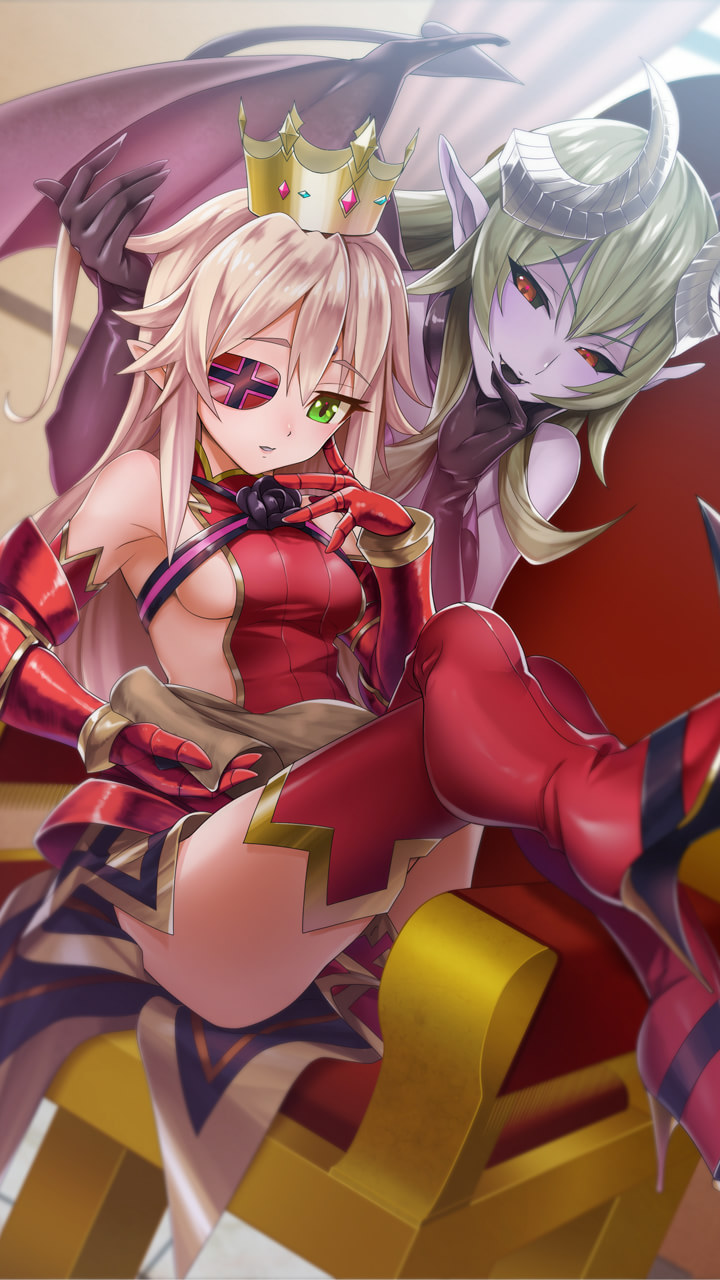 2girls aldra_(queen's_blade) bangs bare_shoulders black_gloves black_sclera blonde_hair boots breasts crossed_legs crown delmore demon_girl demon_horns demon_tail demon_wings elbow_gloves eyepatch gauntlets gloves green_eyes high_heel_boots high_heels highres horns large_breasts long_hair looking_at_viewer multiple_girls official_art pointy_ears purple_skin queen's_blade queen's_blade_unlimited queen's_blade_white_triangle red_eyes red_footwear sideboob sidelocks sitting small_breasts tail thigh-highs thigh_boots thighs tongue tongue_out wings