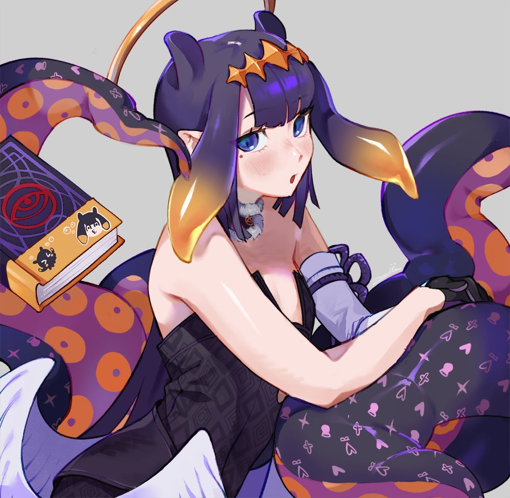 1girl black_hair blue_eyes close-up floating floating_book floating_object grey_background hololive hololive_english looking_back looking_up monster_girl ninomae_ina'nis solo symbol_commentary tentacles virtual_youtuber zambiie