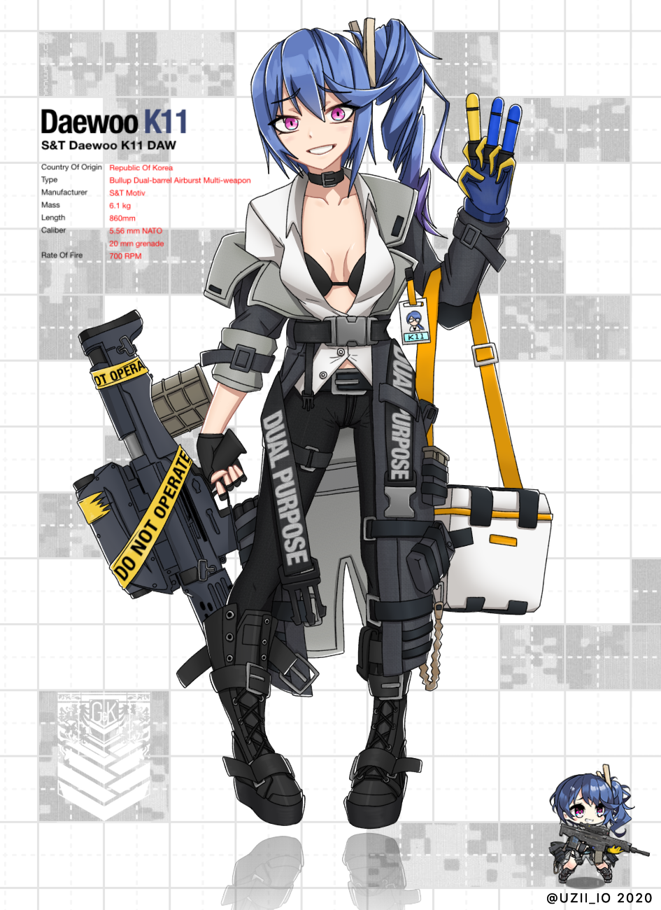 1girl bikini black_bikini blue_hair boots breasts girls_frontline highres jacket k11_(girls_frontline) knee_boots long_hair looking_at_viewer open_clothes shirt side_ponytail smile solo swimsuit tactical_clothes violet_eyes weapon