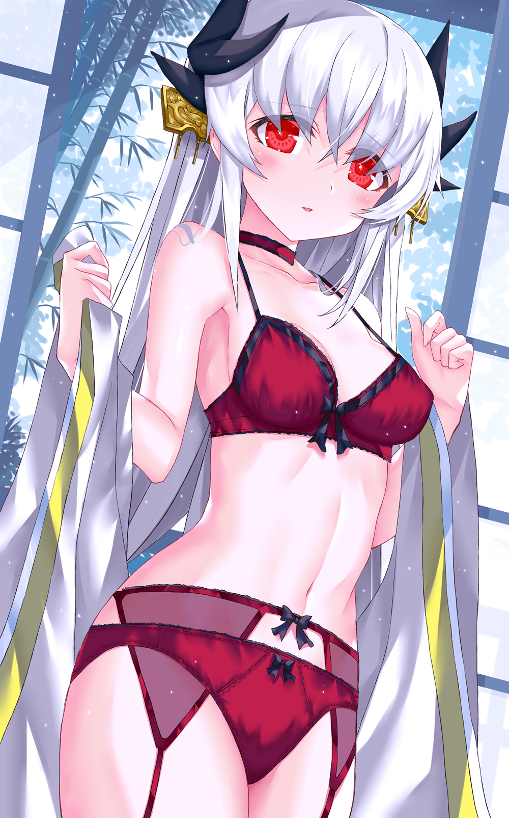 1girl alternate_costume bra breasts dragon_girl dragon_horns fate/grand_order fate_(series) garter_belt grey_hair highres horns kiyohime_(fate/grand_order) lingerie long_hair looking_at_viewer medium_breasts morizono_shiki multiple_horns navel panties red_bra red_eyes red_panties solo underwear