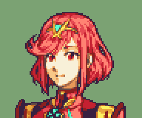 1girl bangs close-up closed_mouth english_commentary face fire_emblem glaceo green_background lowres parody pixel_art portrait pyra_(xenoblade) red_eyes redhead short_hair solo style_parody upper_body xenoblade_chronicles_(series) xenoblade_chronicles_2