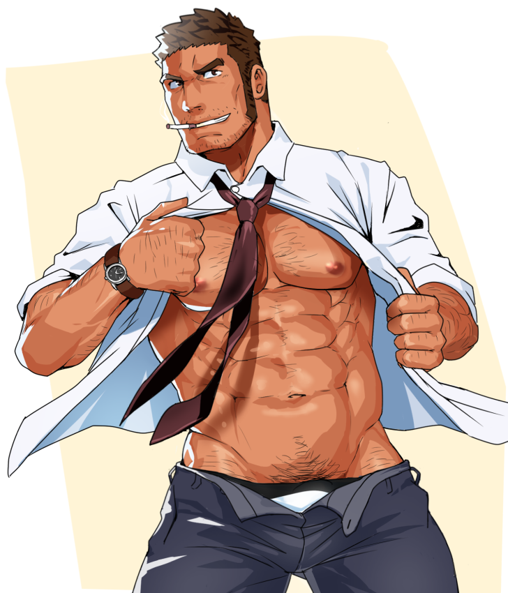 1boy abs bara bare_chest beard body_hair brown_eyes brown_hair chest chest_hair cigarette facial_hair looking_at_viewer male_focus male_underwear manly muscle navel necktie nipples open_clothes open_pants open_shirt original pants sakuramarusan shirt short_hair simple_background solo thick_thighs thighs underwear undressing watch white_shirt