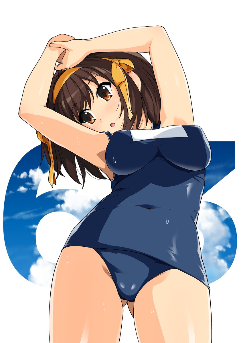 1girl bangs bare_shoulders blue_swimsuit breasts brown_eyes brown_hair commentary_request eyebrows_visible_through_hair hairband haruhisky highres medium_breasts one-piece_swimsuit school_swimsuit short_hair simple_background solo suzumiya_haruhi suzumiya_haruhi_no_yuuutsu swimsuit