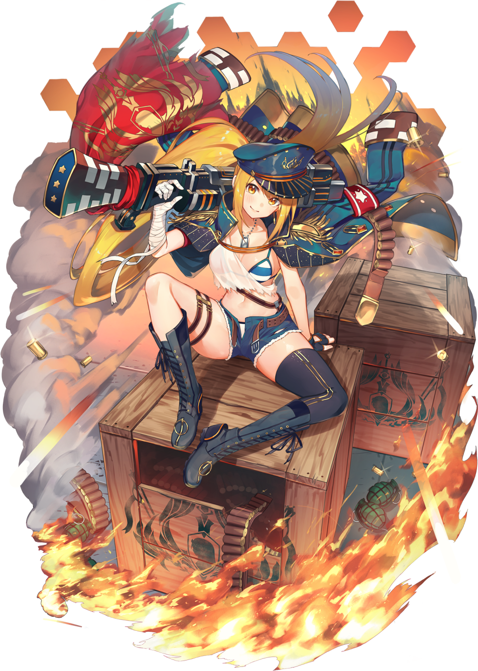 1girl artist_request bandaged_arm bandages bandolier belt bikini bikini_top black_gloves black_legwear blonde_hair boots breasts closed_mouth cutoffs denim denim_shorts dog_tags epaulettes explosive fingerless_gloves glint gloves grenade hat highres jacket jacket_on_shoulders knee_boots long_hair looking_at_viewer medium_breasts midriff mist_train_girls navel official_art open_pants over_shoulder pants peaked_cap shirt short_shorts shorts shotgun_shells side_ponytail sidelocks single_glove single_thighhigh sitting smile solo swimsuit thigh-highs thigh_strap torn_clothes torn_shirt transparent_background very_long_hair weapon weapon_over_shoulder yellow_eyes