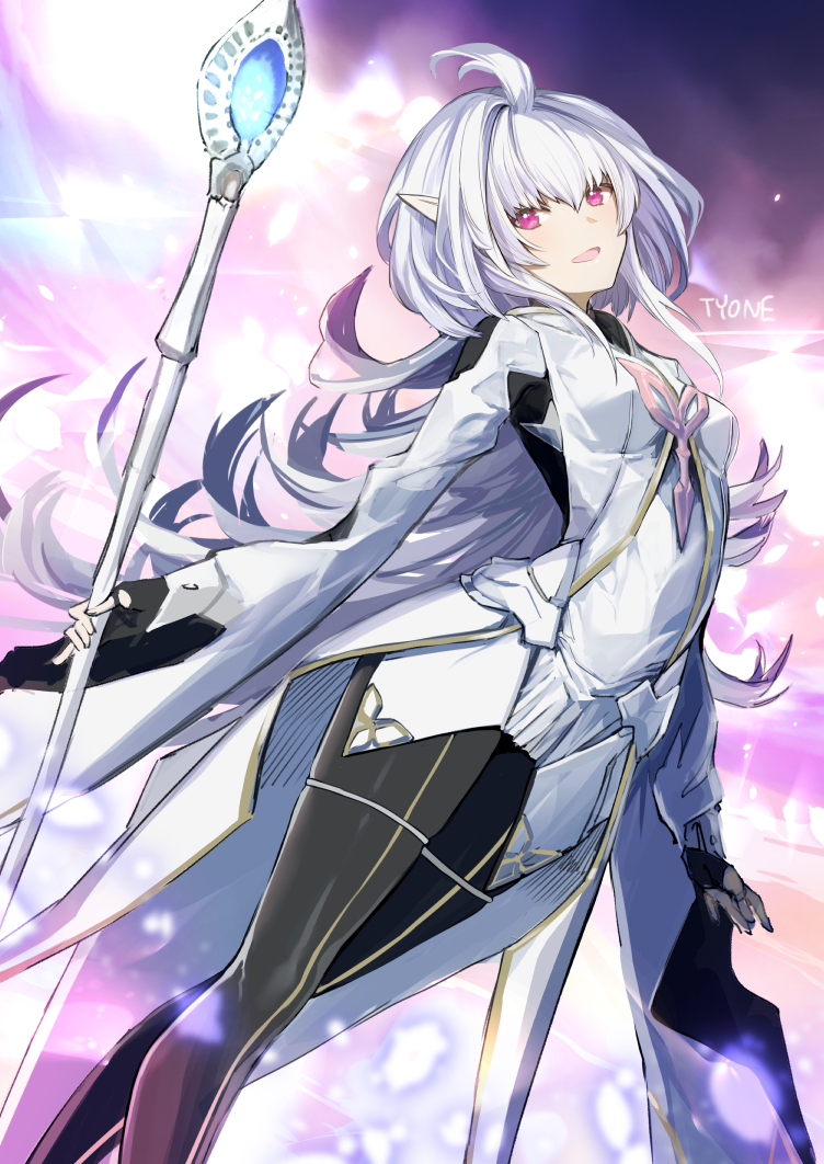 1girl ahoge bangs black_gloves black_pants blush breasts fate/grand_order fate/prototype fate_(series) fingerless_gloves gloves holding holding_staff long_hair long_sleeves looking_at_viewer merlin_(fate/prototype) open_mouth pants small_breasts smile staff thighs tyone very_long_hair white_robe wide_sleeves