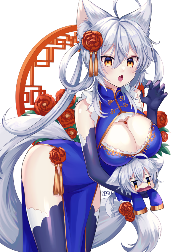 1girl animal_ears blue_dress blue_gloves blue_legwear breasts china_dress chinese_clothes cleavage_cutout clothing_cutout dog_ears dog_tail dress elbow_gloves fangs flower gloves hair_flower hair_ornament hair_rings hakusai_ponzu large_breasts original pelvic_curtain red_flower sleeveless sleeveless_dress tail thigh-highs twintails white_hair yellow_eyes