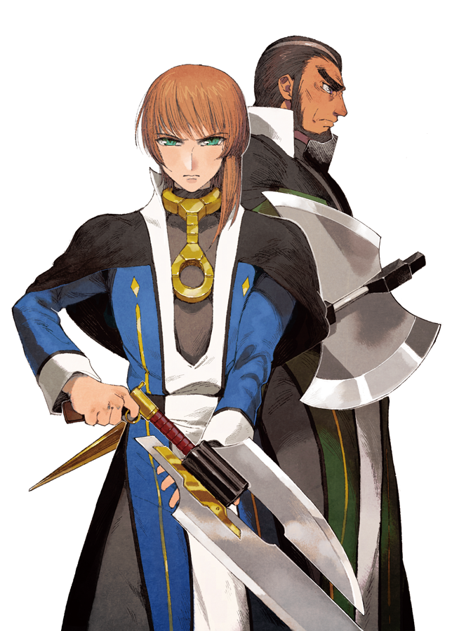 2boys akutsumi axe brown_hair gadved green_eyes gun gunblade gunxsword holding holding_gun holding_weapon looking_ahead looking_at_viewer michael_garrett multiple_boys weapon white_background yellow_eyes