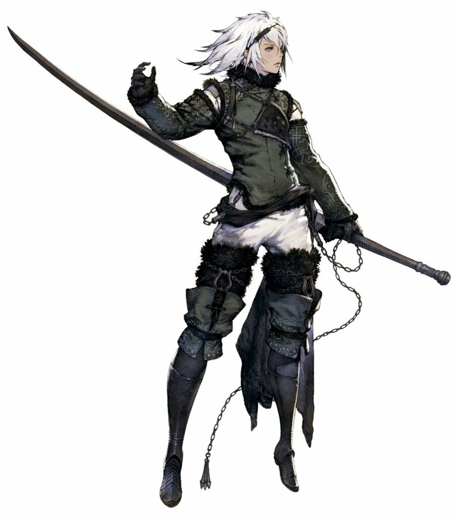 1boy black_gloves boots chain full_body fur_trim gloves medium_hair nier nier_(series) nier_(young) official_art silver_hair solo sword thigh-highs thigh_boots weapon yoshida_akihiko