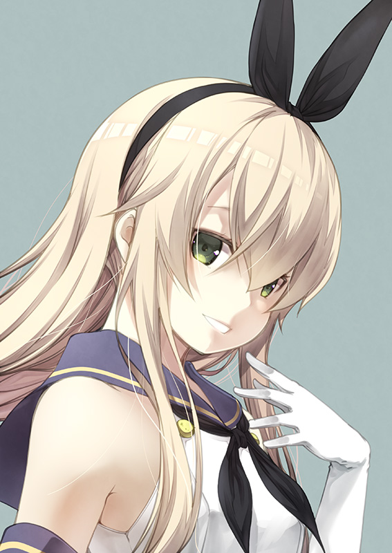 1girl animal_ears blonde_hair commentary_request elbow_gloves fake_animal_ears gloves green_eyes hair_between_eyes hairband hand_up kantai_collection kouji_(campus_life) long_hair looking_at_viewer neckerchief open_mouth rabbit_ears shimakaze_(kantai_collection) shirt sidelocks sleeveless sleeveless_shirt smile solo upper_body